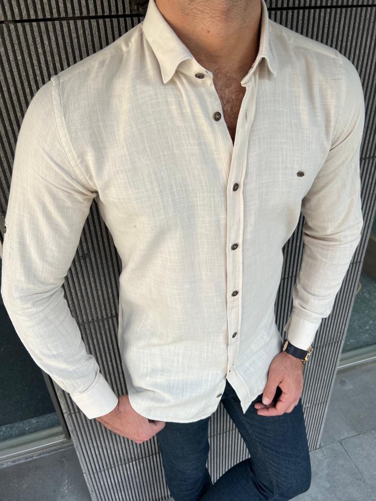 Giovanni Mannelli Slim Fit Beige Cotton Shirt