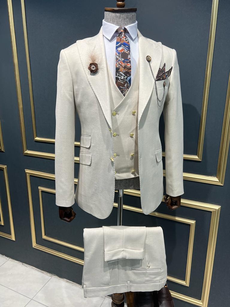 Bojoni Danielle Beige Slim Fit Peak Lapel Suit