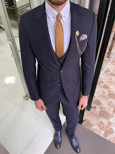 Bojoni Trenton Navy Blue Slim Fit Peak Lapel Wool Suit | BOJONI