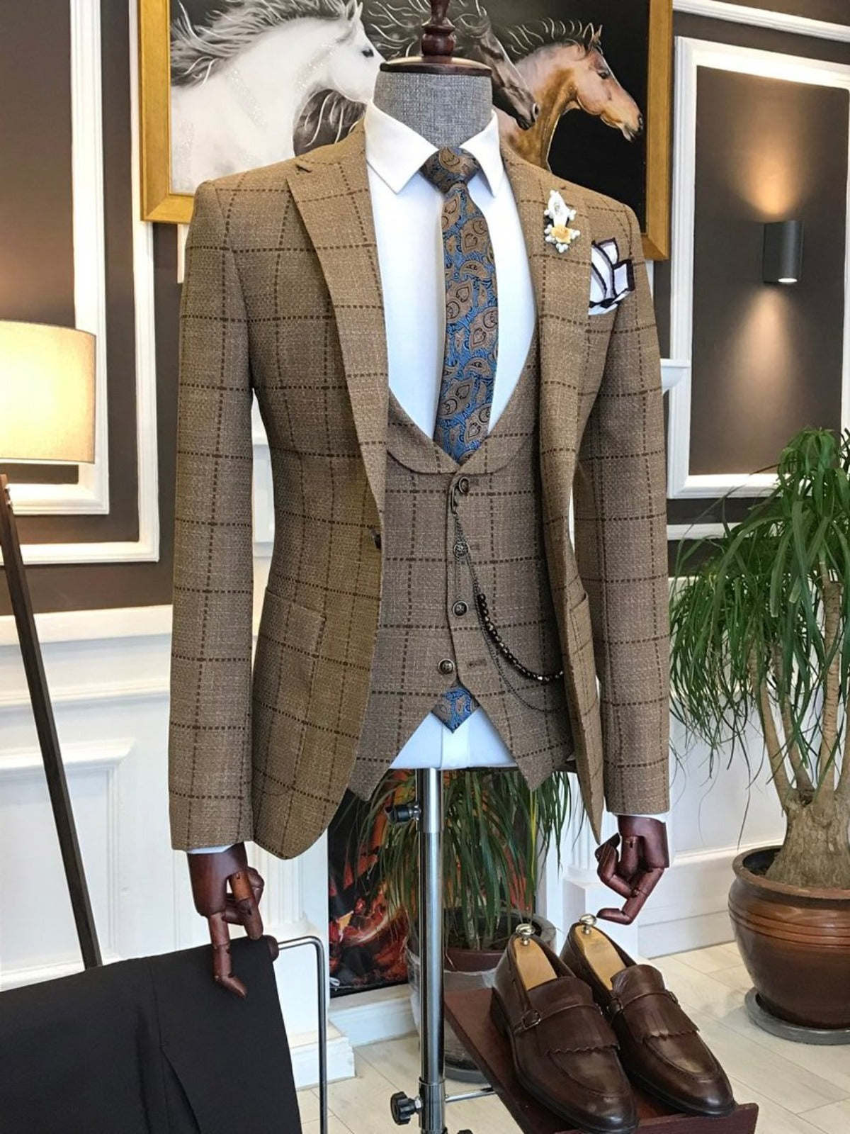 Bojoni Camel Slim-Fit Plaid | 3-Piece BOJONI Suit