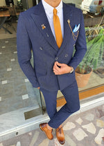 Load image into Gallery viewer, James Navy Blue Slim Fit Double Breasted Pinstripe Wool Suit-baagr.myshopify.com-suit-BOJONI
