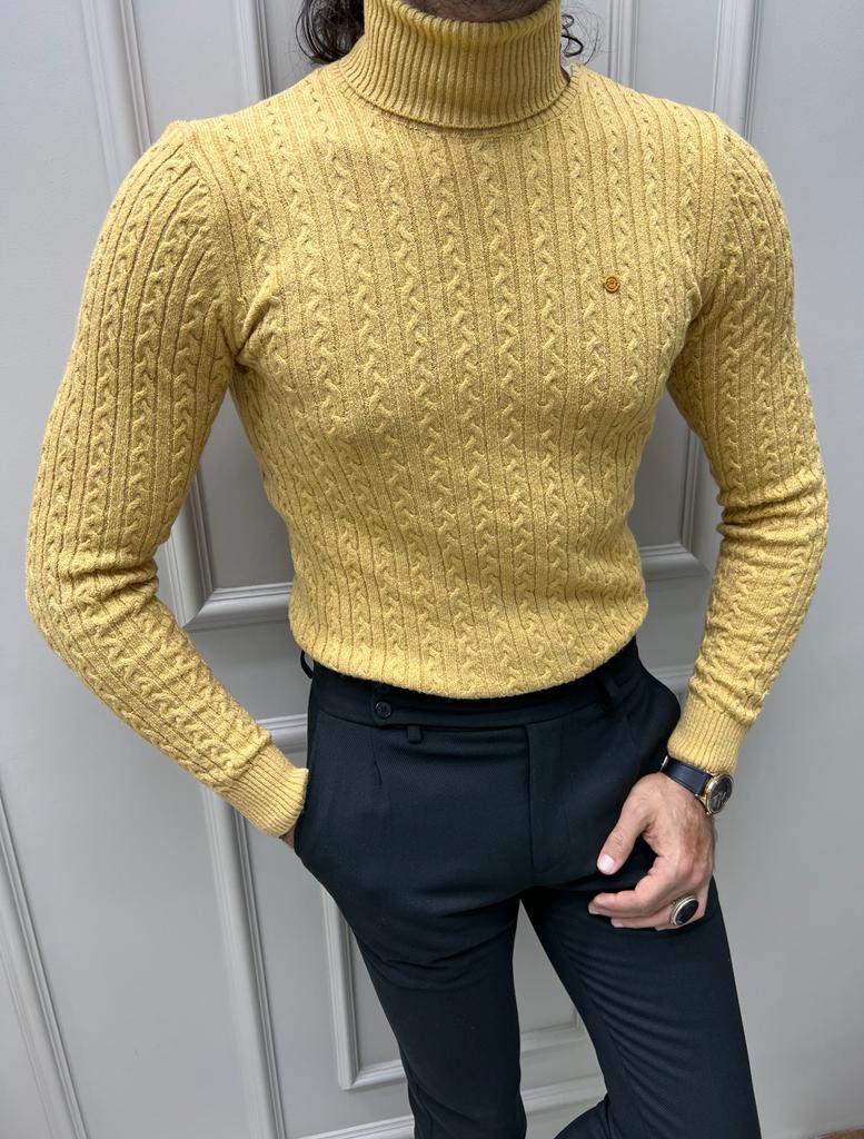 Bojoni Astoria Yellow Slim Fit Striped Pattern Turtleneck Sweater