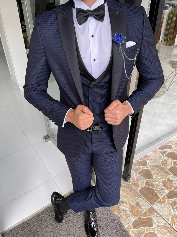 Abruzzo Navy Blue Slim Fit Peak Lapel Wool Tuxedo | BOJONI