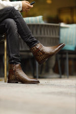 Load image into Gallery viewer, Bojoni Dover Brown Crocodile Pattern Chelsea Buckle Boots
