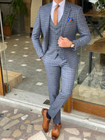 Load image into Gallery viewer, Bojoni Argeli Blue Slim Fit Plaid Check Wool Suit-baagr.myshopify.com-suit-BOJONI
