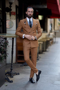 Bojoni Diamond Shagori Rust Brown Slim Fit Double Breasted Suit