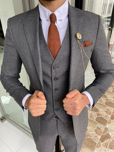 Gray Slim Fit Peak Lapel Striped Wool Suit for Men by