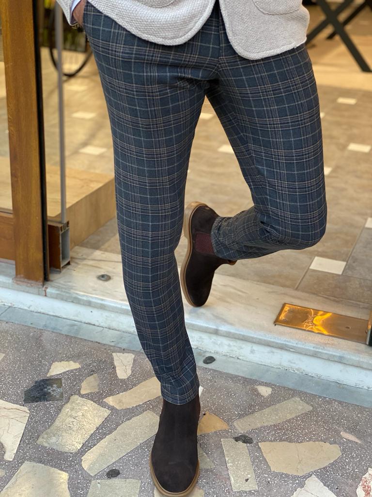 Frezo Dark Blue Slim Fit Plaid Wool Pants-baagr.myshopify.com-Pants-BOJONI