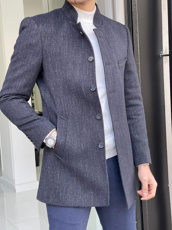 Bojo Navy Blue Slim Fit Judge Collar Wool Long Coat | BOJONI