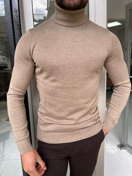Bojo Light Brown Slim Fit Turtleneck Sweater | BOJONI