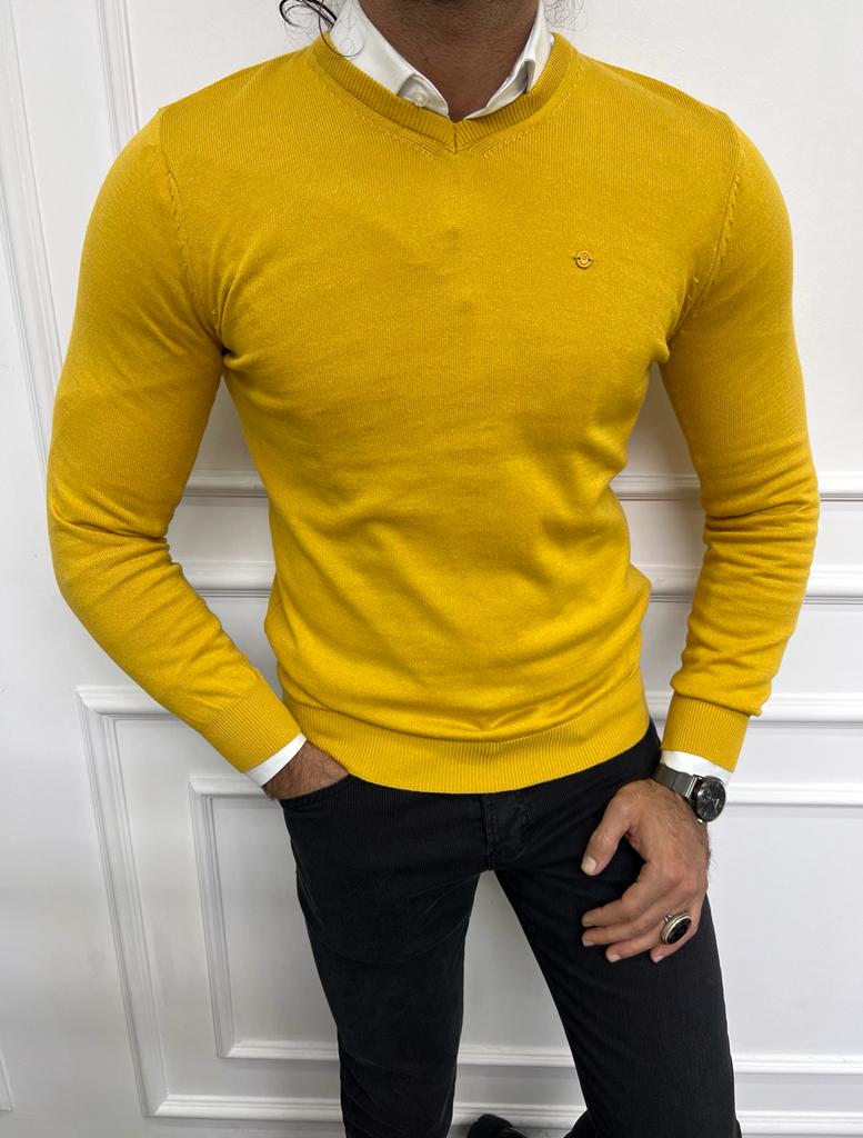 Bojoni Astoria Yellow Slim Fit V-Neck Sweater