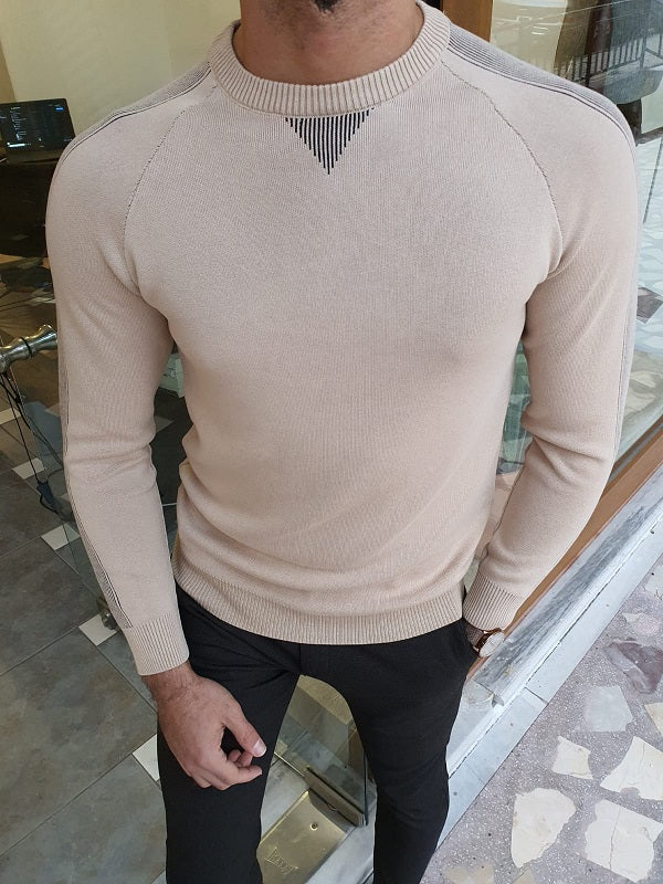 Elko Beige Slim Fit Crew Neck Sweater | BOJONI