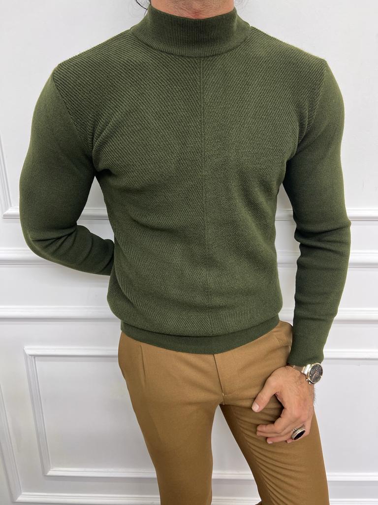 Leon Slim Fit Half Turtleneck Khaki Sweater