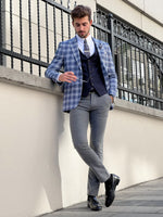 Load image into Gallery viewer, Bojoni Astoria Slim Fit Patterned Pointed Collared Light Navy Blue Plaid Suit
