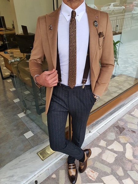 Verno Beige Slim Fit Wool Blazer Coat | BOJONI