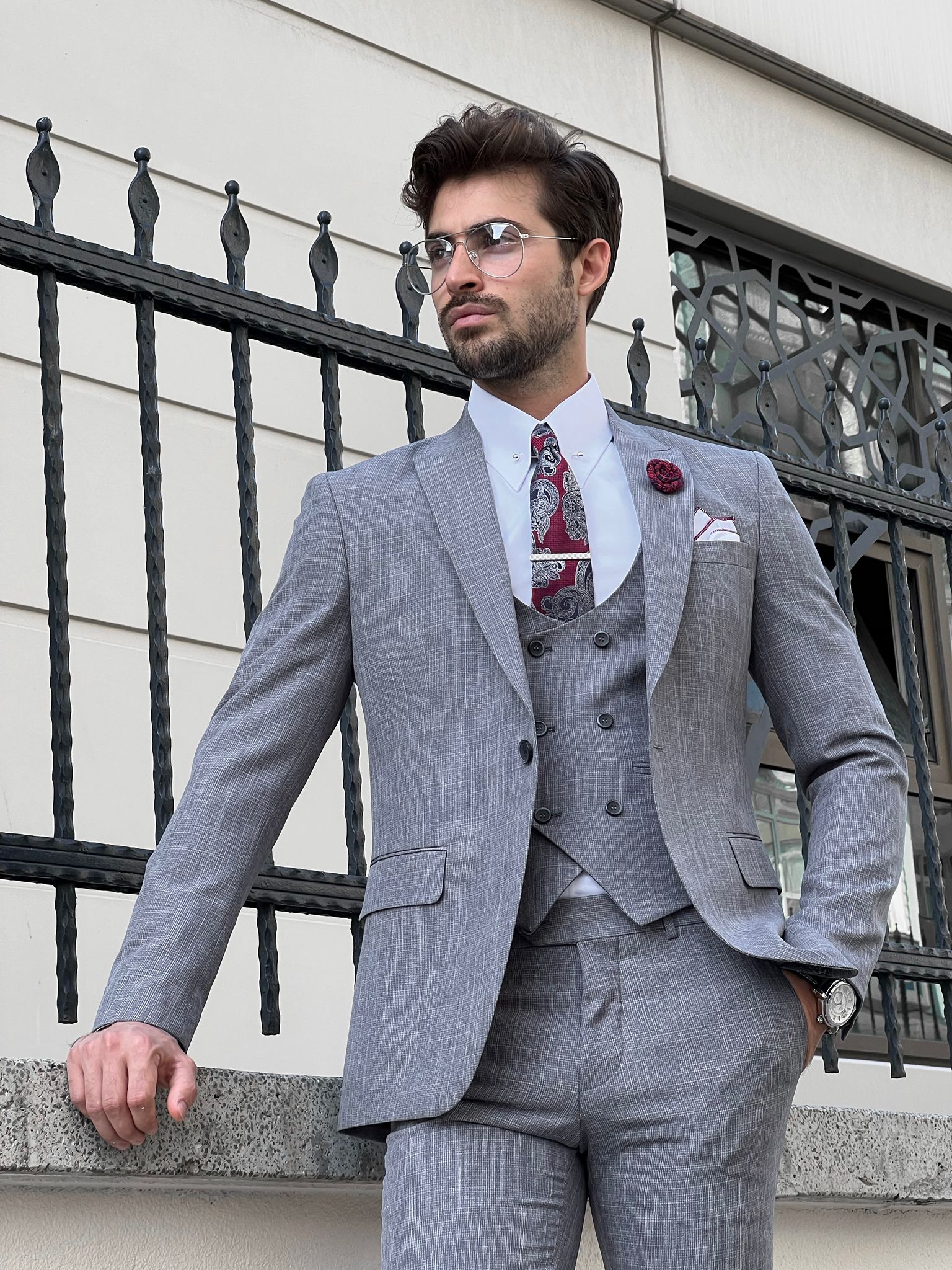 Bojoni Astoria Slim Fit Patterned Pointed Collared Gray Suit