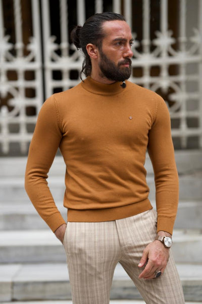 Bojoni Astoria Slim Fit Camel Half Collared Turtleneck Bojoni