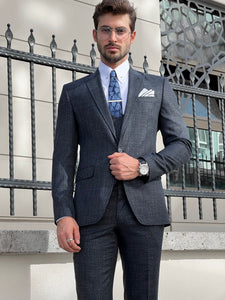 Bojoni Astoria Slim Fit Patterned Pointed Collared Blue Suit
