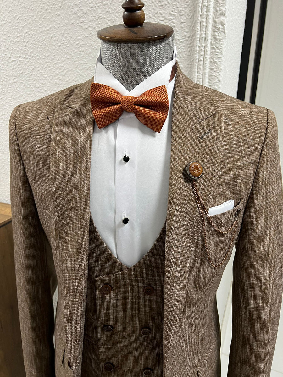 Louis Slim Fit High Quality Pointed Collared Brown Woolen Suit | BOJONI