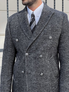 Bojoni Astoria Fit Double Breasted Woolen Marbled Black Coat