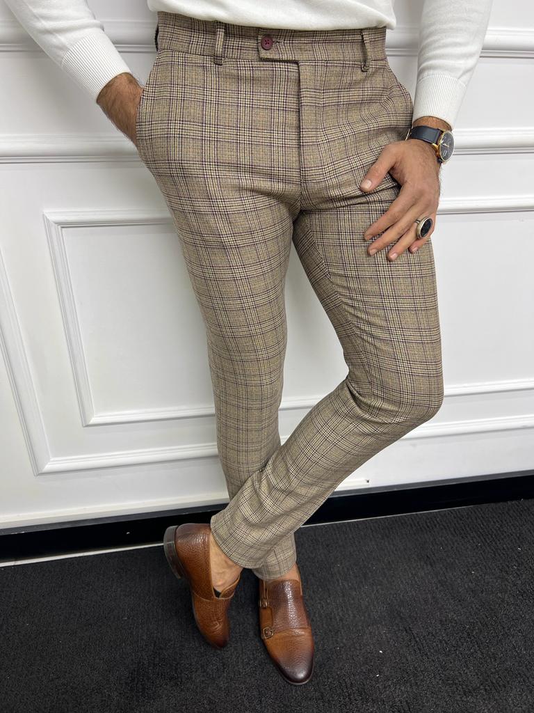 Leon Slim Fit Camel Plaid Trouser/Pants BOJONI1