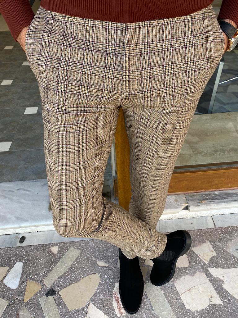 Bojoni Frezo Beige Slim Fit Plaid Pants BOJONI - Main Image