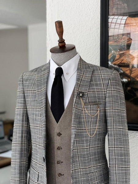 Severi Gray Slim Fit Peak Lapel Plaid Wool Suit | BOJONI