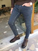 Load image into Gallery viewer, Frezo Navy Blue Slim Fit Ripped Jeans-baagr.myshopify.com-Pants-BOJONI
