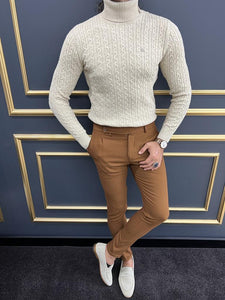Bojoni Astoria Beige Slim Fit Striped Pattern Turtleneck Sweater
