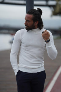 Thread Slim Fit Custom Design Half Turtleneck White Sweater