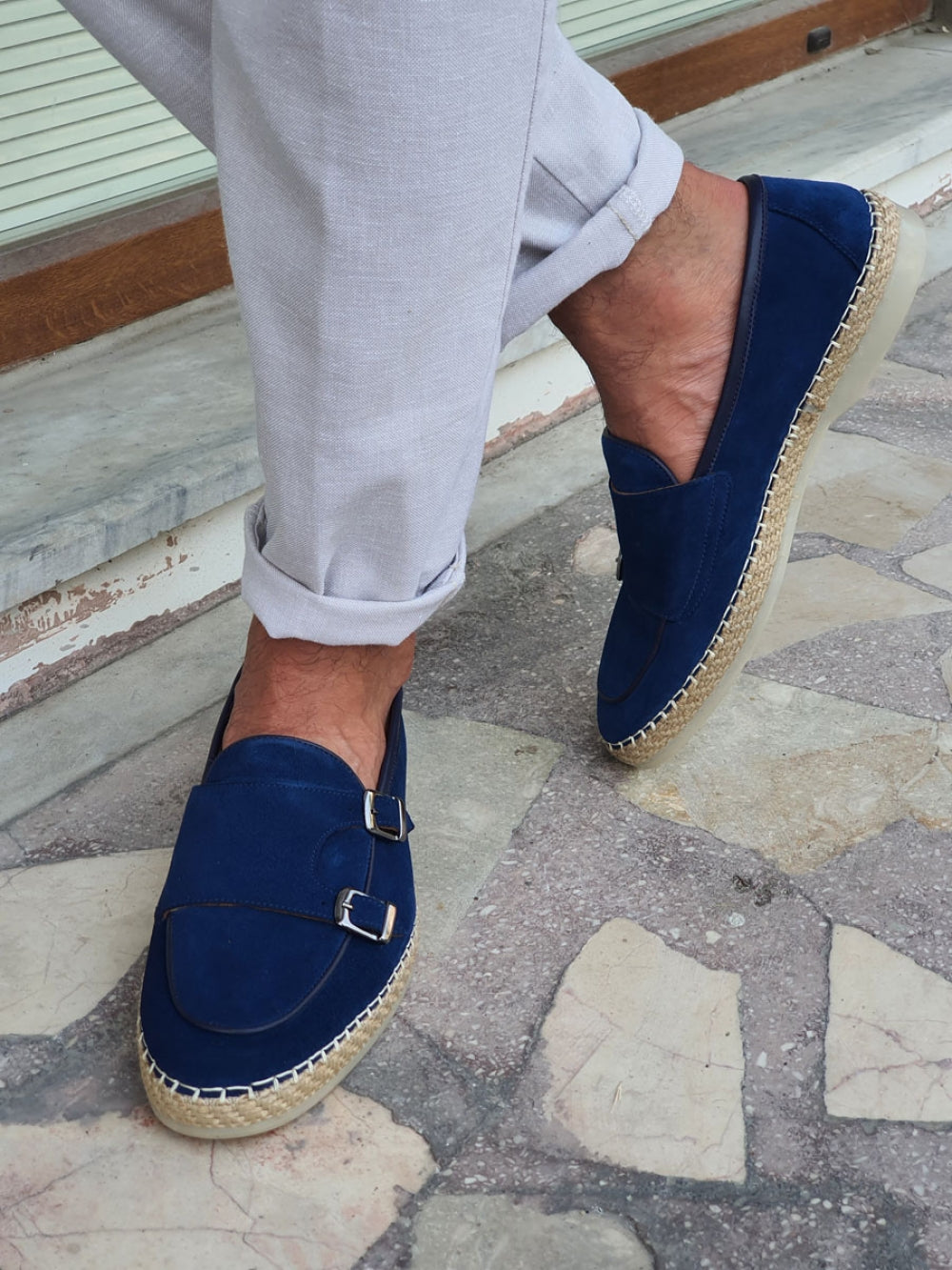 Kurni Blue Double Buckled Suede Leather Shoes | BOJONI