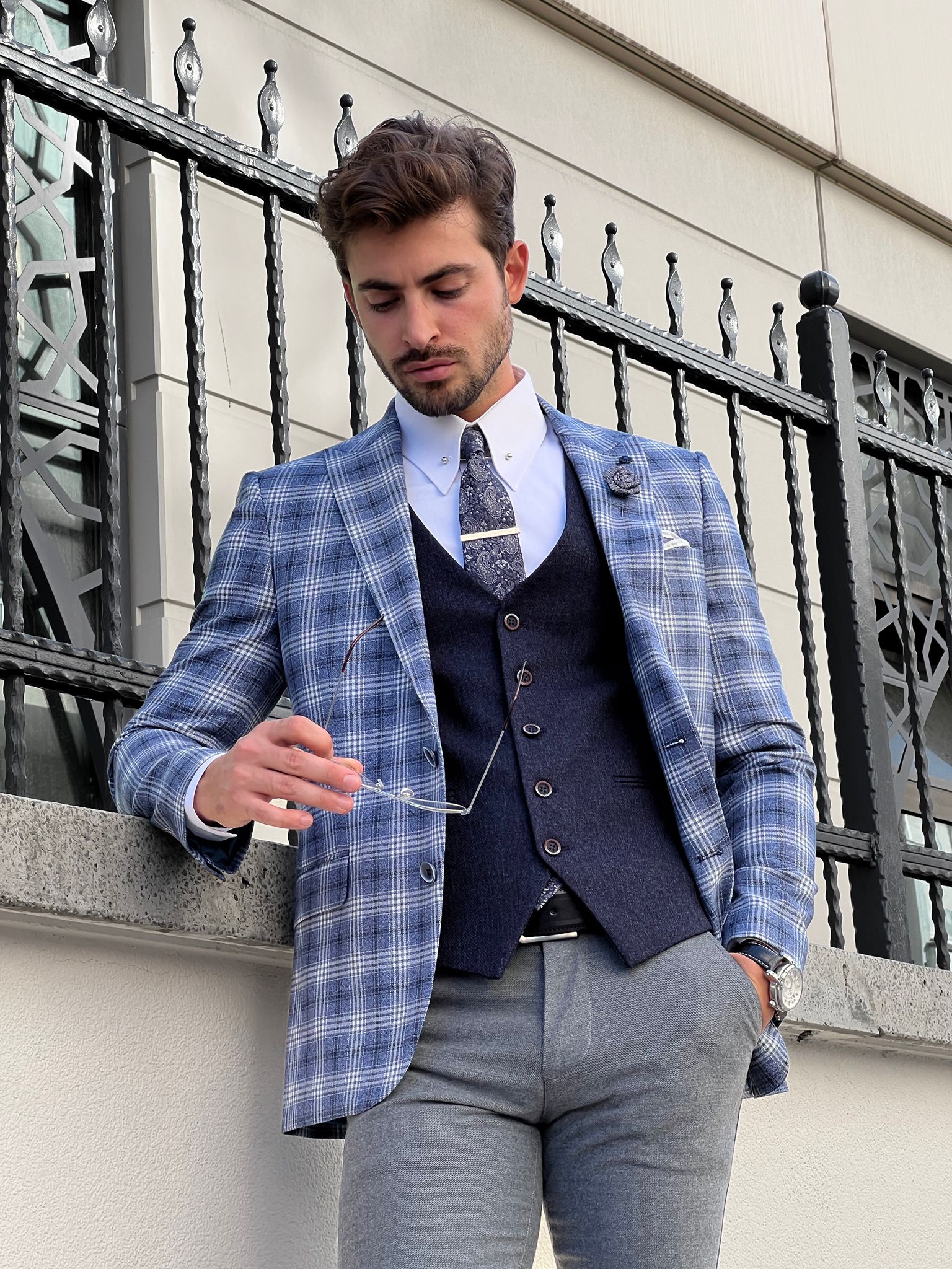 Bojoni Astoria Slim Fit High Quality Mono Collar Knitted Light Navy Blazer  | BOJONI