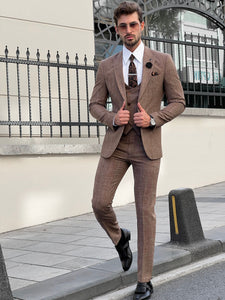 Bojoni Astoria Slim Fit Patterned Pointed Collared Camel Suit