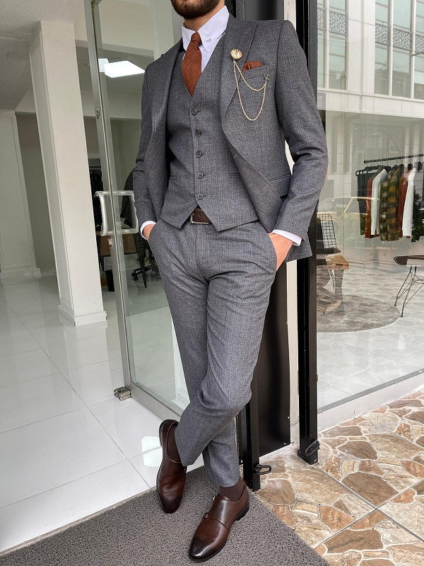 Abruzzo Gray Slim Fit Peak Lapel Striped Wool Suit