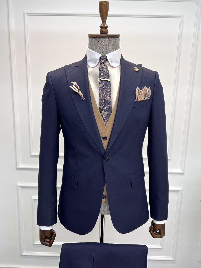 Bojoni Diamond Shagor Stepo Navy Blue Slim Fit Peak Lapel Combination Suit