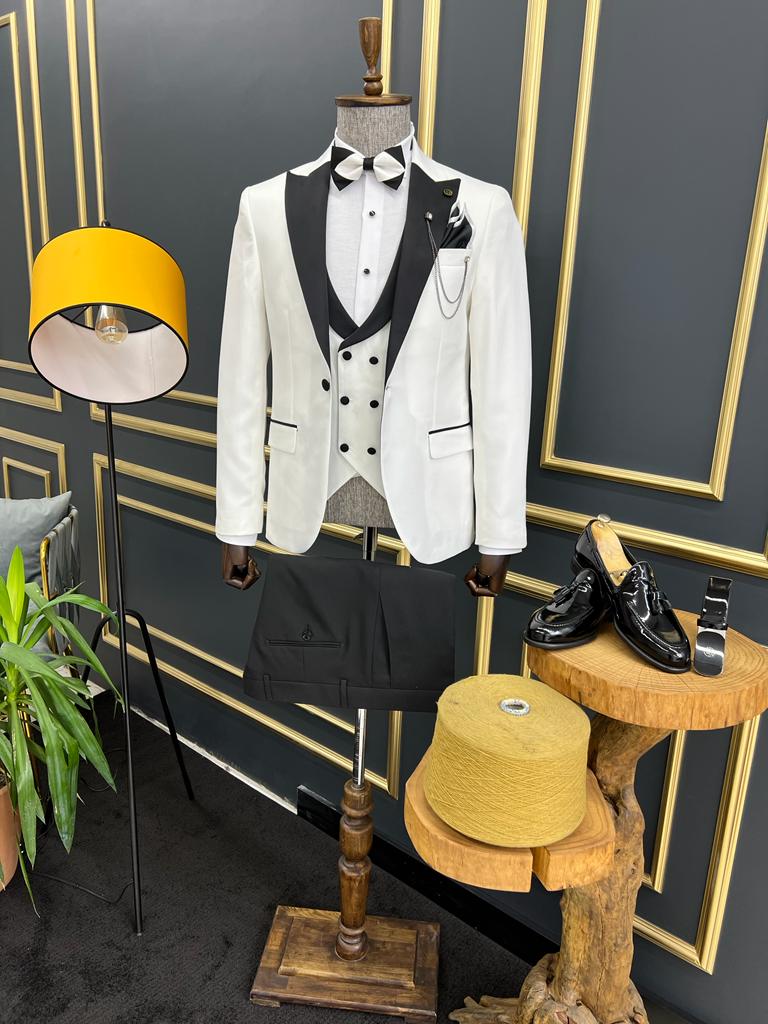 White tuxedo jacket store with gold lapel