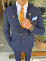 Load image into Gallery viewer, James Navy Blue Slim Fit Double Breasted Pinstripe Wool Suit-baagr.myshopify.com-suit-BOJONI
