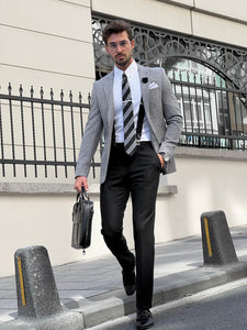 Bojoni Astoria Slim Fit High Quality Mono Collar Knitted Grey Blazer