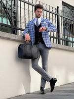 Load image into Gallery viewer, Bojoni Astoria Slim Fit Patterned Pointed Collared Light Navy Blue Plaid Suit
