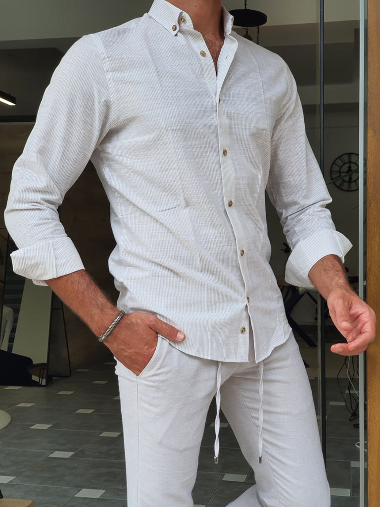Major Beige Slim Fit Striped Linen Shirt | BOJONI
