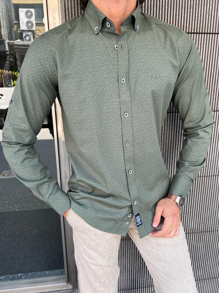 Giovanni Mannelli Slim Fit Khaki Patterned Shirt