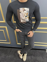 Load image into Gallery viewer, Rick Slim Fit Printed Crew Neck Black Sweater
