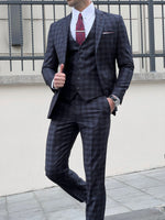 Load image into Gallery viewer, Louis Slim Fit Black &amp; Navy Business Plaid Suit
