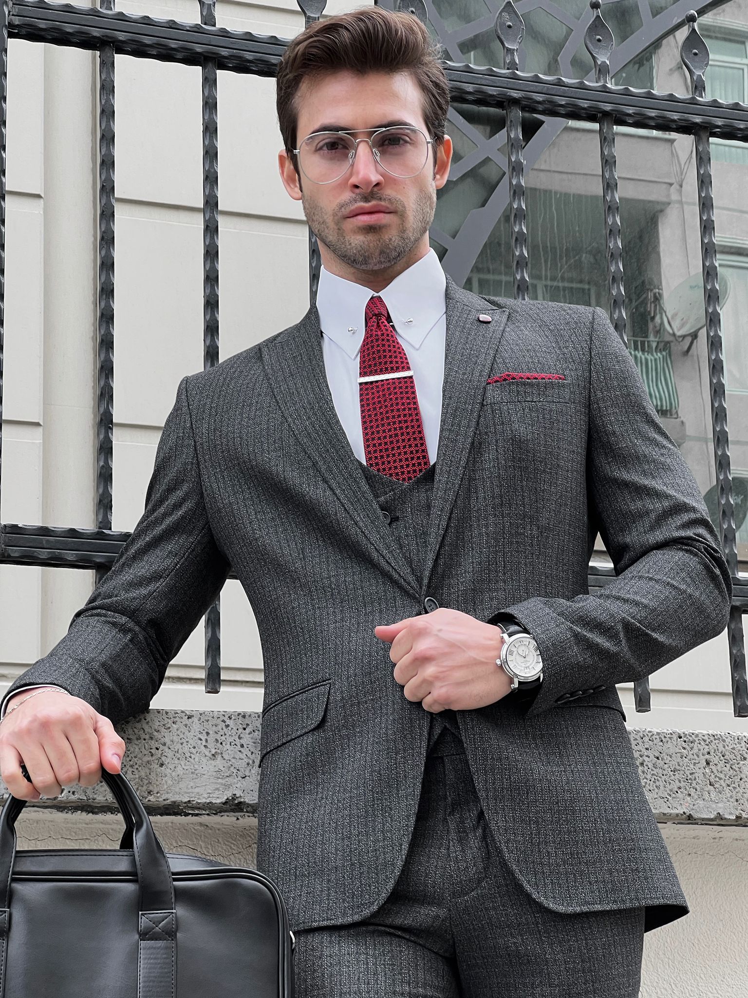 Louis Slim Fit High Quality Patterned Anthracite & Business Suit