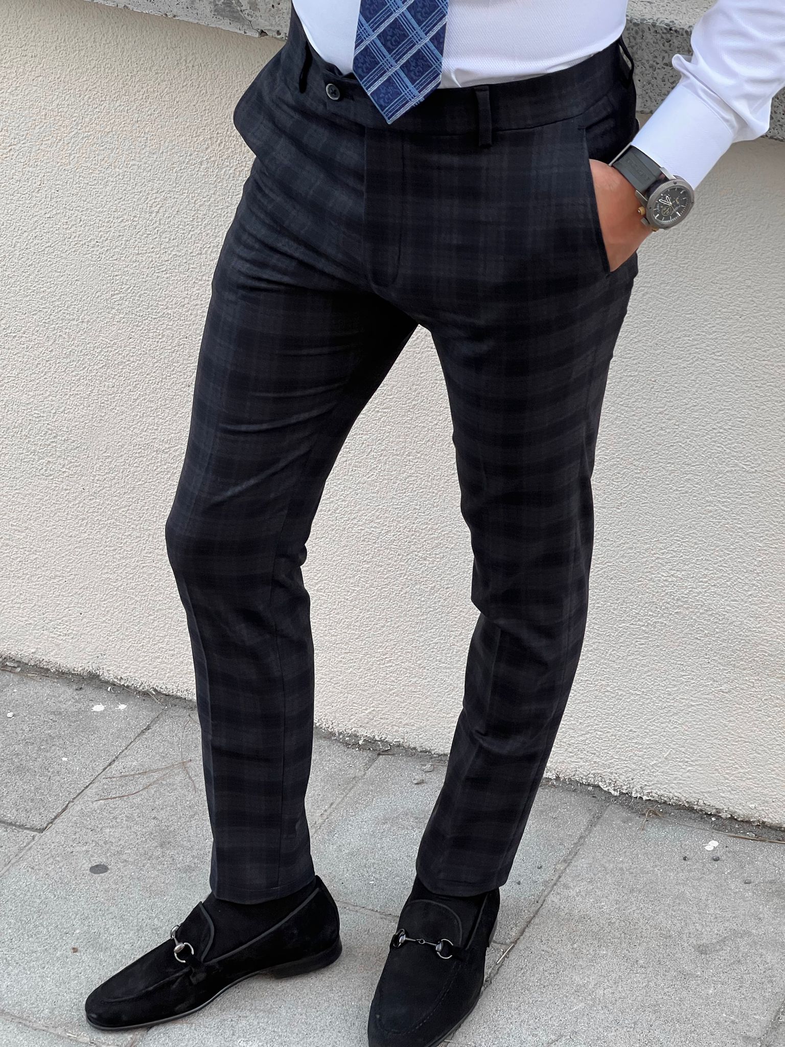 Blue Checkered Pants Mens INVICTUS Men Blue Slim Fit Checked