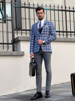 Load image into Gallery viewer, Bojoni Astoria Slim Fit Patterned Pointed Collared Light Navy Blue Plaid Suit
