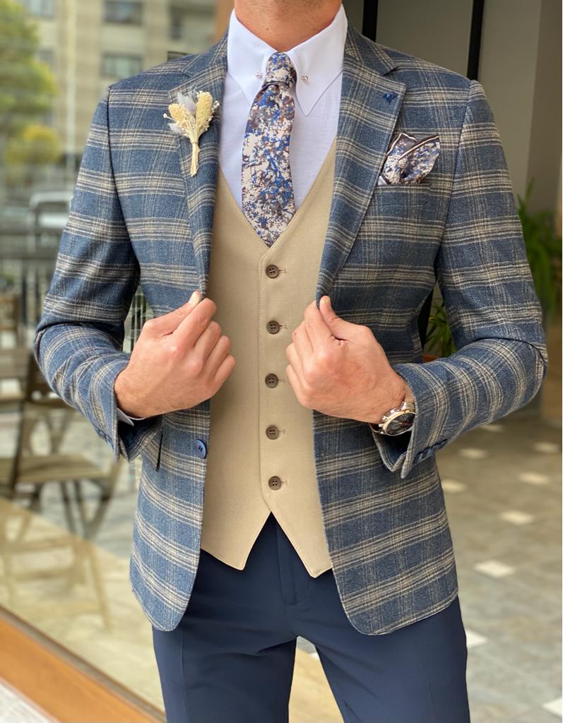 Bojoni Argeli Blue Slim Fit Plaid Check Wool Suit-baagr.myshopify.com-suit-BOJONI