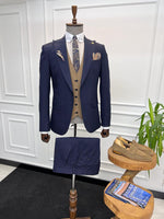 Load image into Gallery viewer, Bojoni Diamond Shagor Stepo Navy Blue Slim Fit Peak Lapel Combination Suit
