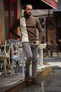 Thread Slim Fit Custom Design Brown Turtleneck