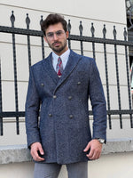Load image into Gallery viewer, Bojoni Astoria Double Breasted Woolen Marbled Navy Coat
